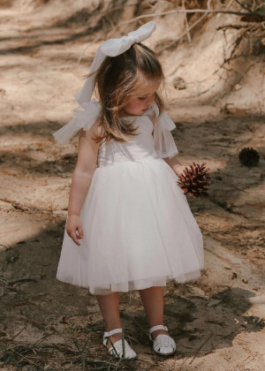 Tulle Straps Ivory Cotton Tea Length Flower Girl Dress